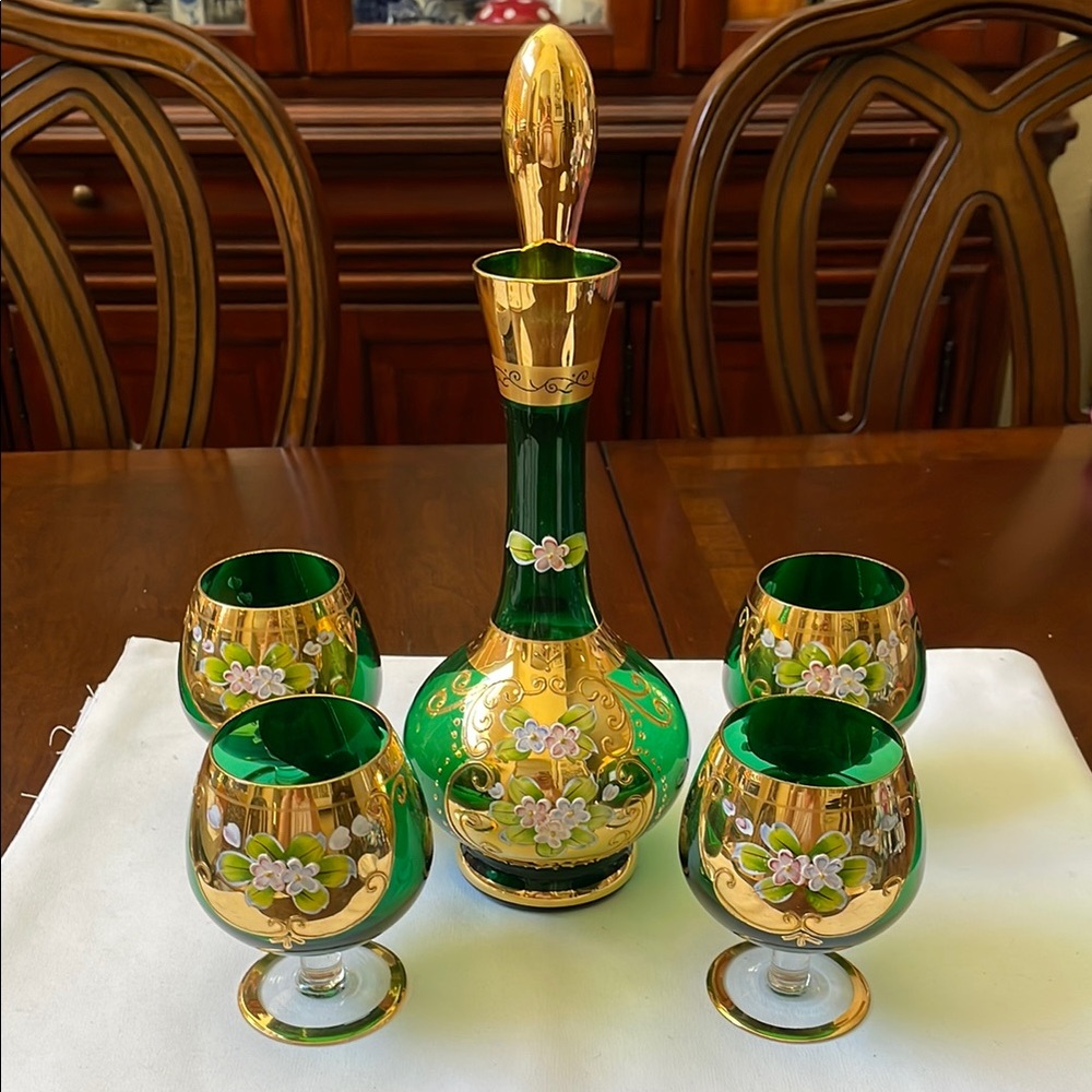 VTG Czech Bohemian green crystal glass gold Decanter & 4 brandy sniffers set